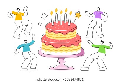 Happy people celebrate holiday party. Birthday cake with burning candles. Invitation, congratulations