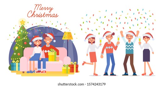 Happy people celebrate New year holidays. Joyful couple near the New Year tree. Happy friends haning fun and celebrating. Merry Christmas and Happy New Year. Vector illustration in cartoon style