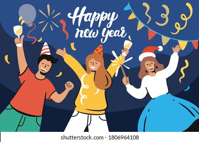 happy people celebrate new year at home