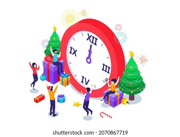 Happy People Celebrate New Year near a big clock with Christmas trees, Fireworks, and gift boxes. Isometric Vector Illustration