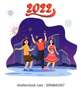 Happy People Celebrate New Year 2022. Young Men and Women doing a Fun Party with Fireworks. Flat vector template Style Suitable for Web Landing Page, Background.