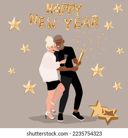 Happy People Celebrate New Year 2023. Young Men and Women doing a Fun Party with Balloon Numbers and Fireworks. Flat Vector Illustration