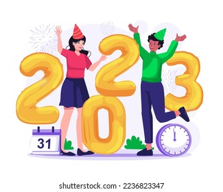 Happy People Celebrate New Year 2023. A Couple is doing a Fun Party with Balloon Numbers 2023 and Fireworks. Vector illustration in flat style