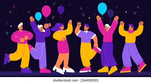 Happy people celebrate party. Business team corporate holiday, birthday. Group of cheerful men and women dance and rejoice on festive event with balloons and confetti Line art flat vector illustration