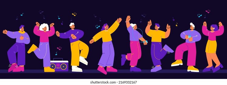 Happy people celebrate party in night club. Business team corporate holiday, birthday, friends on disco dance. Cheerful men and women group rejoice on festive event, Line art flat vector illustration