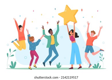 Happy people celebrate success achievement with joy. Fun group of adult friends or collegues win, persons jump with star together on informal party flat vector illustration. Goal, friendship concept