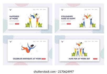 Happy People Celebrate Success Landing Page Template Set. Positive Friends or Colleagues Celebrate Victory Achievement Together. Joyful Team Congratulation in Office. Cartoon Vector Illustration