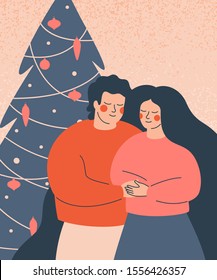 Happy people celebrate winter holidays. A young family stands at the decorated Christmas tree. A couple embrace each other with love on New year's eve. Vector illustration.