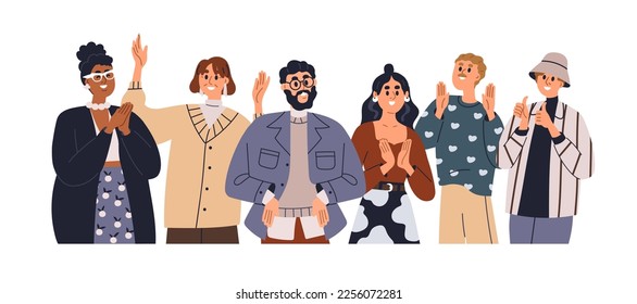 Gente feliz celebrando aplausos. Audiencia emocionada, espectadores aplaudiendo. Diversos hombres, mujeres personajes del grupo exultan durante la celebración. Ilustración vectorial plana aislada en fondo blanco