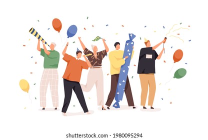 Happy people celebrating birthday with confetti, balloons, party hats and horns. Holiday celebration concept. Men and women rejoicing together. Colored flat vector illustration isolated on white