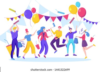 Happy people celebrating birthday, new year or another holiday event. Vector flat illustration. Jumping and dancing young men and women have a fun party.