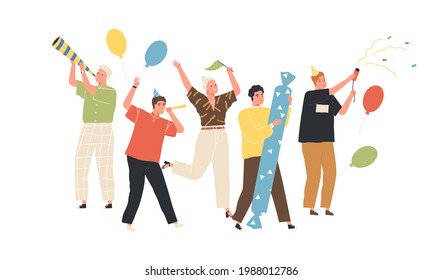 Happy people celebrating birthday party. Cheerful men and women rejoicing and having fun together. Holiday celebration concept. Colored flat vector illustration isolated on white background