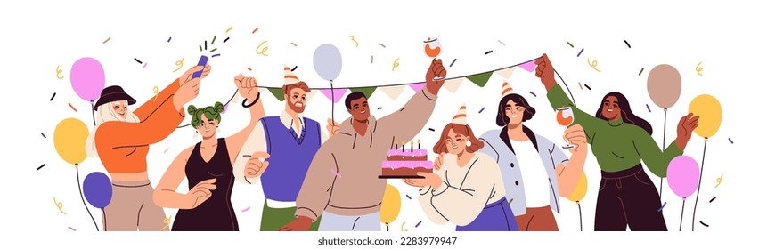 Happy people celebrating birthday party with cake. Corporate office team during holiday celebration, banner with colleagues, confetti. Flat graphic vector illustration isolated on white background