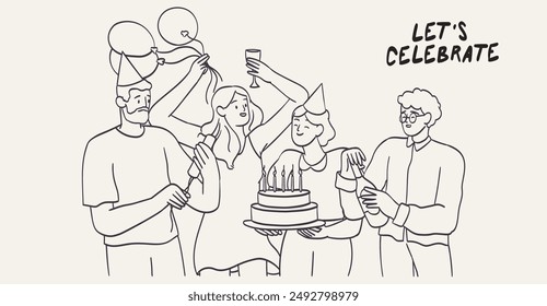 Happy people celebrating birthday party with cake. Corporate office team during holiday celebration with colleagues. Line hand drawn graphic vector illustration for banner, placard, greeting card.