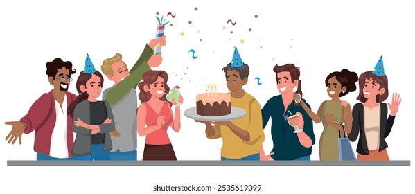 Pessoas felizes celebrando a festa de aniversário com bolo. Equipe do escritório corporativo durante a celebração do feriado, faixa com colegas, confete. Ilustração vetorial gráfica plana isolada em fundo branco.