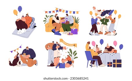 Happy people celebrating birthday set. Fun, anniversary celebration with friends, couple, family, pet and alone. Holiday with gifts and cake. Flat vector illustrations isolated on white background