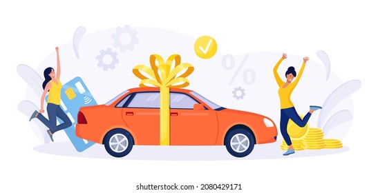 Happy People Celebrating Buying Auto. Automobile Purchase. Women Standing near New Red Sedan Car Wrapped with Big Festive Bow. Cars Rent, Sharing, Leasing. Successful Deal