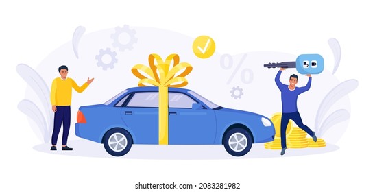 Happy People Celebrating Buying Auto. Automobile Purchase. Men Standing near New Sedan Car Wrapped with Big Festive Bow. Cars Rent, Sharing, Leasing. Successful Deal. Car Key in Hand