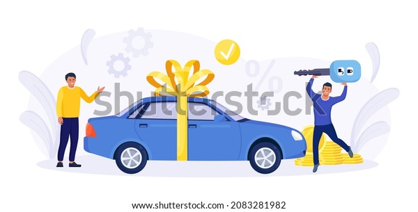 Happy\
People Celebrating Buying Auto. Automobile Purchase. Men Standing\
near New Sedan Car Wrapped with Big Festive Bow. Cars Rent,\
Sharing, Leasing. Successful Deal. Car Key in\
Hand