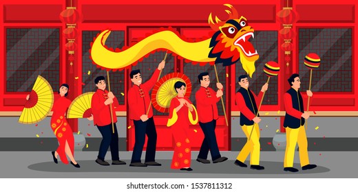 Happy people celebrating Chinese Lunar New Year. Vector flat cartoon illustration. Holiday parade in china town with dragon, lanterns and dances. Oriental traditional holidays design elements