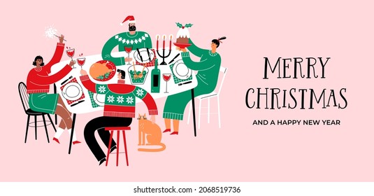 Happy people celebrating Christmas at the festive table, eating holiday meals and drinking wine. Vector illustration