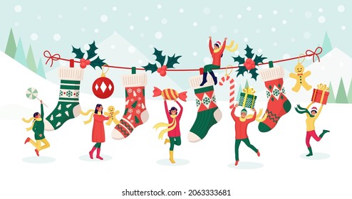 Happy People Celebrating Christmas Party. Characters Puts Gifts, Sweets in Big Festive Socks. Preparation for Winter Holidays. Xmas Eve. Merry Christmas and New Year. Vector illustration