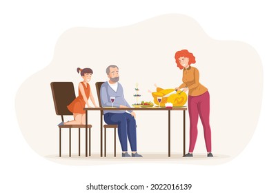 Happy people celebrating Christmas or Thanksgiving day with festive serving table. Mother, Father and daughter eating turkey, drinking wine. Family dinner or supper with relatives cartoon vector