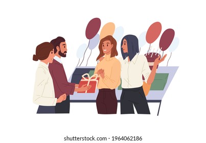 Happy people celebrating colleague's birthday at corporate office party with balloons and cake. Team of workers presenting gift to woman. Colored flat vector illustration isolated on white background