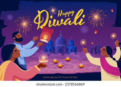 Happy people celebrating Diwali Festival by releasing sky lantern and launching oil lamp diya.