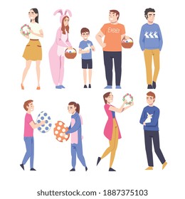 Happy People Celebrating Easter Set, Men, Women and Kids Holding Decorated Eggs, Flower Wreaths Cartoon Style Vector Illustration