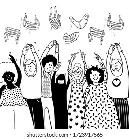 Happy people are celebrating the end of the epidemic. Together we overcome the virus. People of different nationalities and races throws masks in sky.Doodle style hand drawn vector on white background