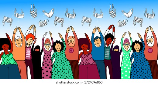 Happy people are celebrating the end of the epidemic.End of quarantine. Together we overcome the virus. People of different age, gender, nationalities, races throw masks into the sky.Hand drawn vector