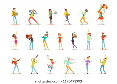 Happy people celebrating, giving gifts and having fun at a birthday party set of colorful characters vector Illustrations