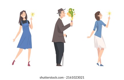 Happy people celebrating holiday with sparklers and firecrackers set cartoon vector illustration