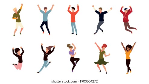 happy people celebrating, jumping men and women celebration set vector illustration