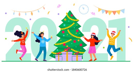 Happy people celebrating merry Christmas and happy new year dancing at christmas party flat vector illustration Office Business People Team Santa Hat 