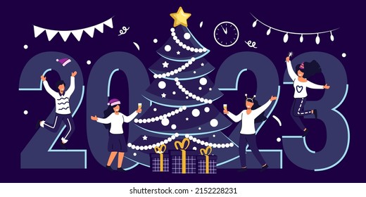 Happy people celebrating merry Christmas and happy new year dancing at christmas party flat vector illustration Office Business People Team Santa Hat Vector illustration concept