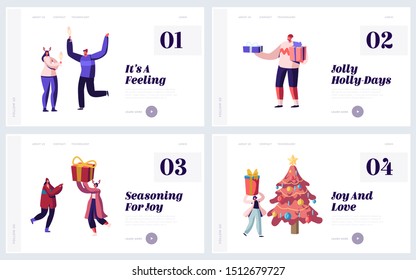 Happy People Celebrating New Year or Xmas Party Website Landing Page Set. Friends Having Fun and Dancing at Decorated Christmas Tree with Garlands Web Page Banner. Cartoon Flat Vector Illustration