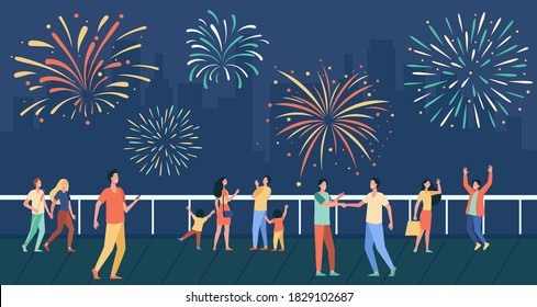 Happy people celebrating on city street and watching fireworks flat vector illustration. Cartoon crowd with kids looking at night sky. Cityscape and pyrotechnics concept