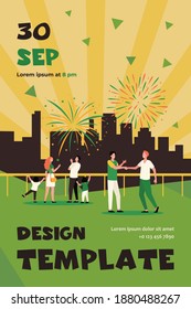 Happy people celebrating on city street and watching fireworks flat vector illustration. Cartoon crowd with kids looking at night sky. Cityscape and pyrotechnics concept