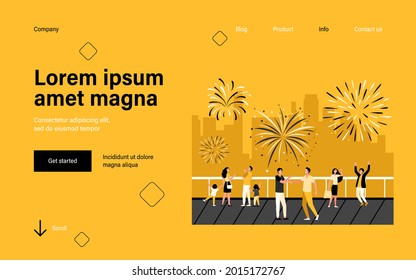 Happy people celebrating on city street and watching fireworks flat vector illustration. Cartoon crowd with kids looking at night sky. Cityscape and pyrotechnics concept