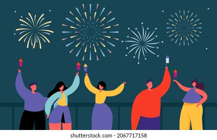 Happy People Celebrating On City Street And Watching Fireworks Flat Illustration