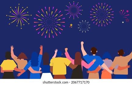 Happy People Celebrating On City Street And Watching Fireworks Flat Illustration