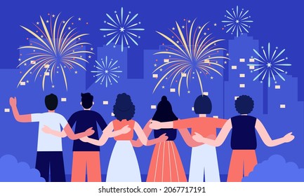 Happy People Celebrating On City Street And Watching Fireworks Flat Illustration