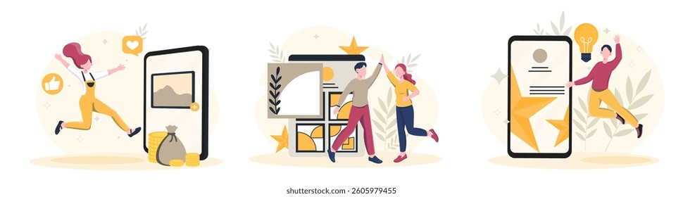 Happy people celebrating online success with mobile devices, flat cartoon style, on abstract background with icons and plants. Concept of digital achievement. Vector illustration