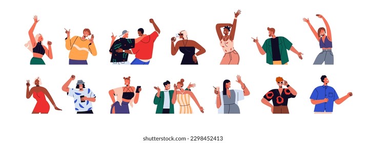Happy people celebrating, rejoicing, having fun set. Young men, women dancing at disco party. Energetic joyful excited girls, guys. Flat graphic vector illustrations isolated on white background