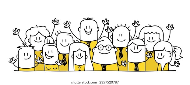 Happy people celebrating win or goal achievement. Stick figure. Doodle style. Vector illustration.