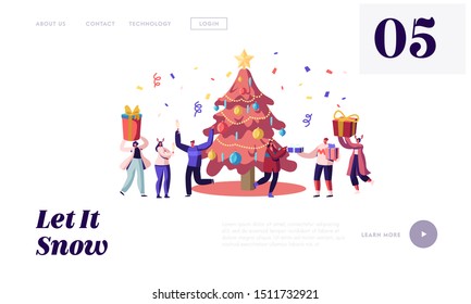 Happy People Celebrating Xmas Party Website Landing Page. New Year Fun Dancing at Decorated Christmas Tree, Giving Gifts on Family or Corporate Event Web Page Banner. Cartoon Flat Vector Illustration