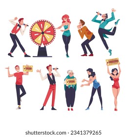 Happy People Character Cheering about Lottery Winning Gaining Lump Sum Vector Illustration Set