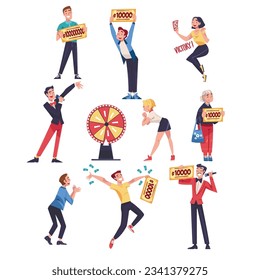 Happy People Character Cheering about Lottery Winning Gaining Lump Sum Vector Illustration Set